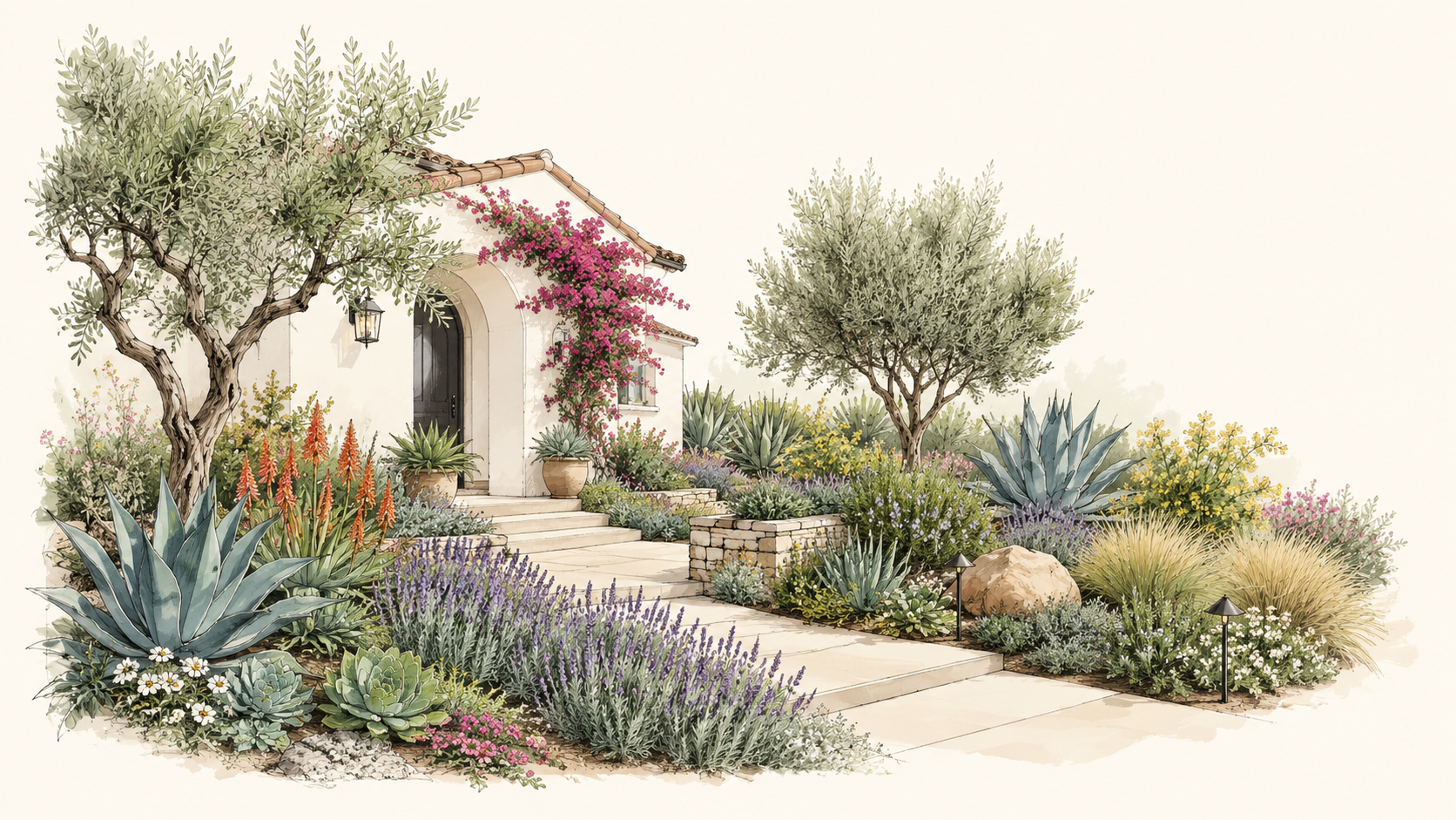 Watercolor illustration of a Mediterranean-style home with a drought-tolerant garden — olive trees, agave, lavender and bougainvillea